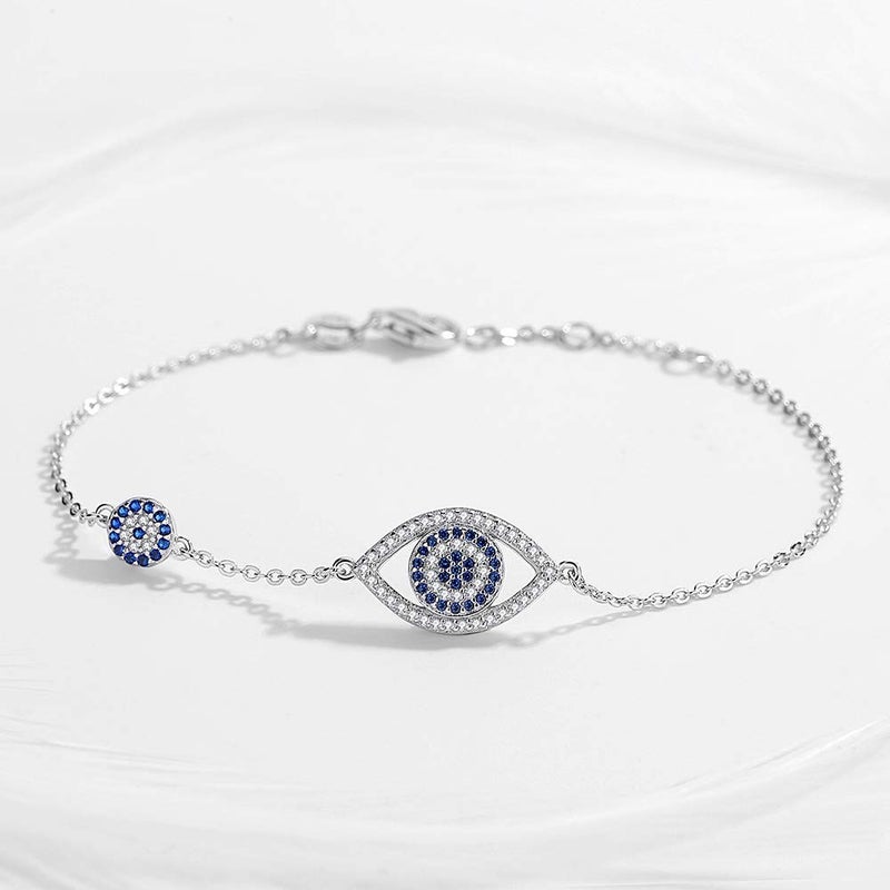 Kaletine Blue Evil Eyes Link Bracelet Sterling Silver 925 Cubic Zirconia Chain Adjustable 6.7" 7" 7.5"(Rhodium) - Image 4